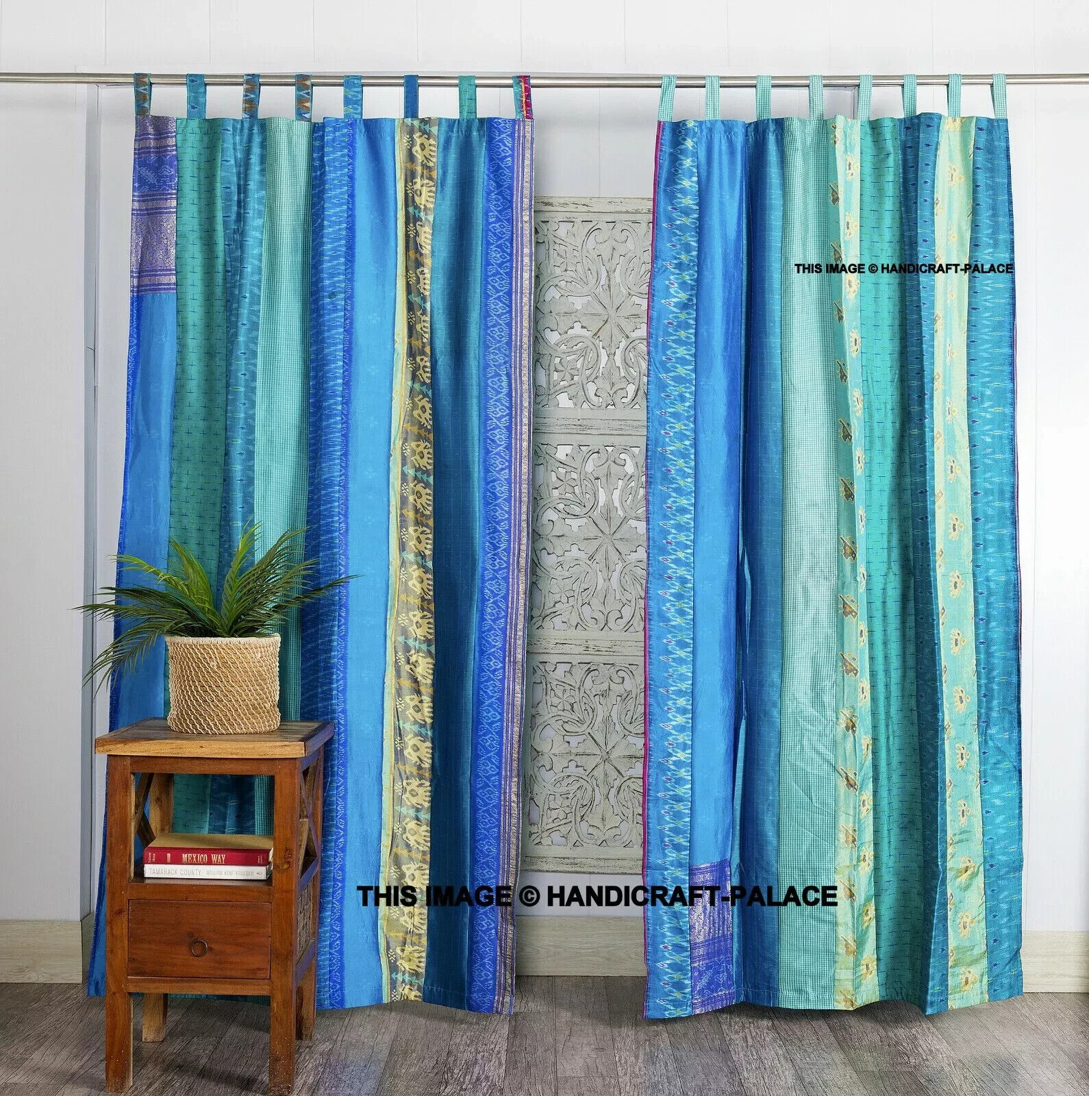 6 set turq vtg silk curtain stripe 7 ft custom for*5thaquarian *