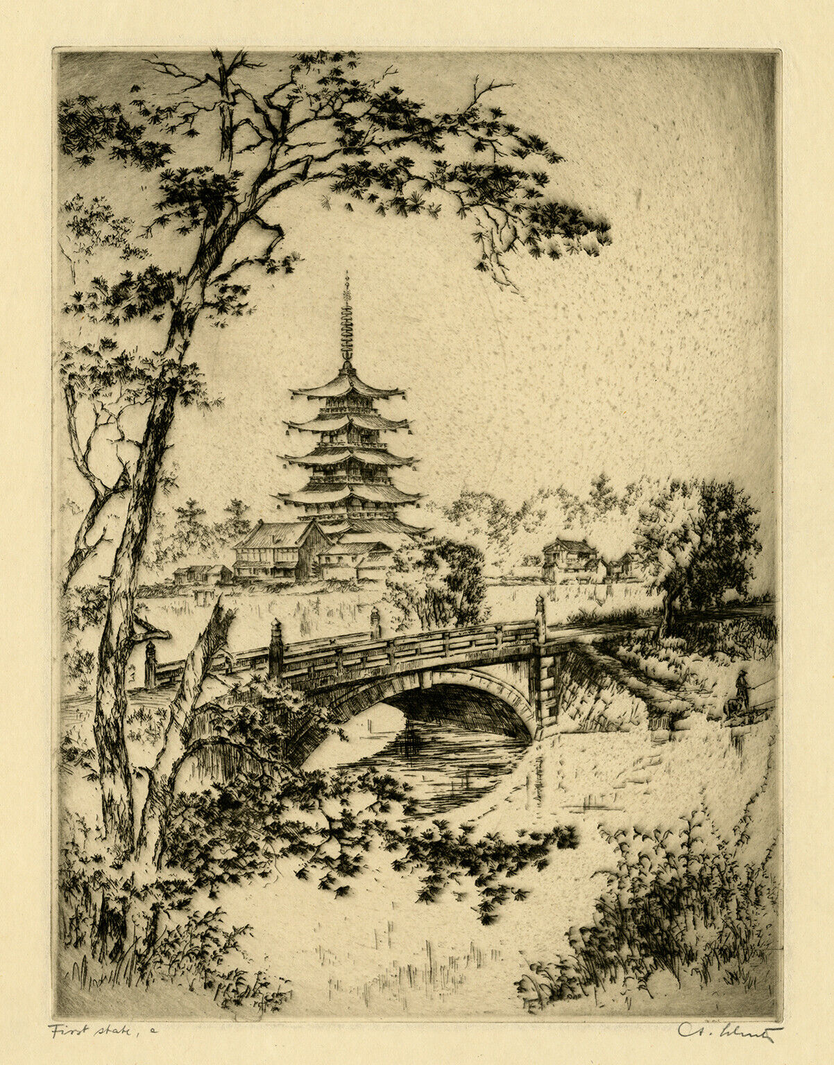 ANTON SCHUTZ, \'LAKE AND PAGODA AT NARA\', signed etching, JAPAN, 1928.