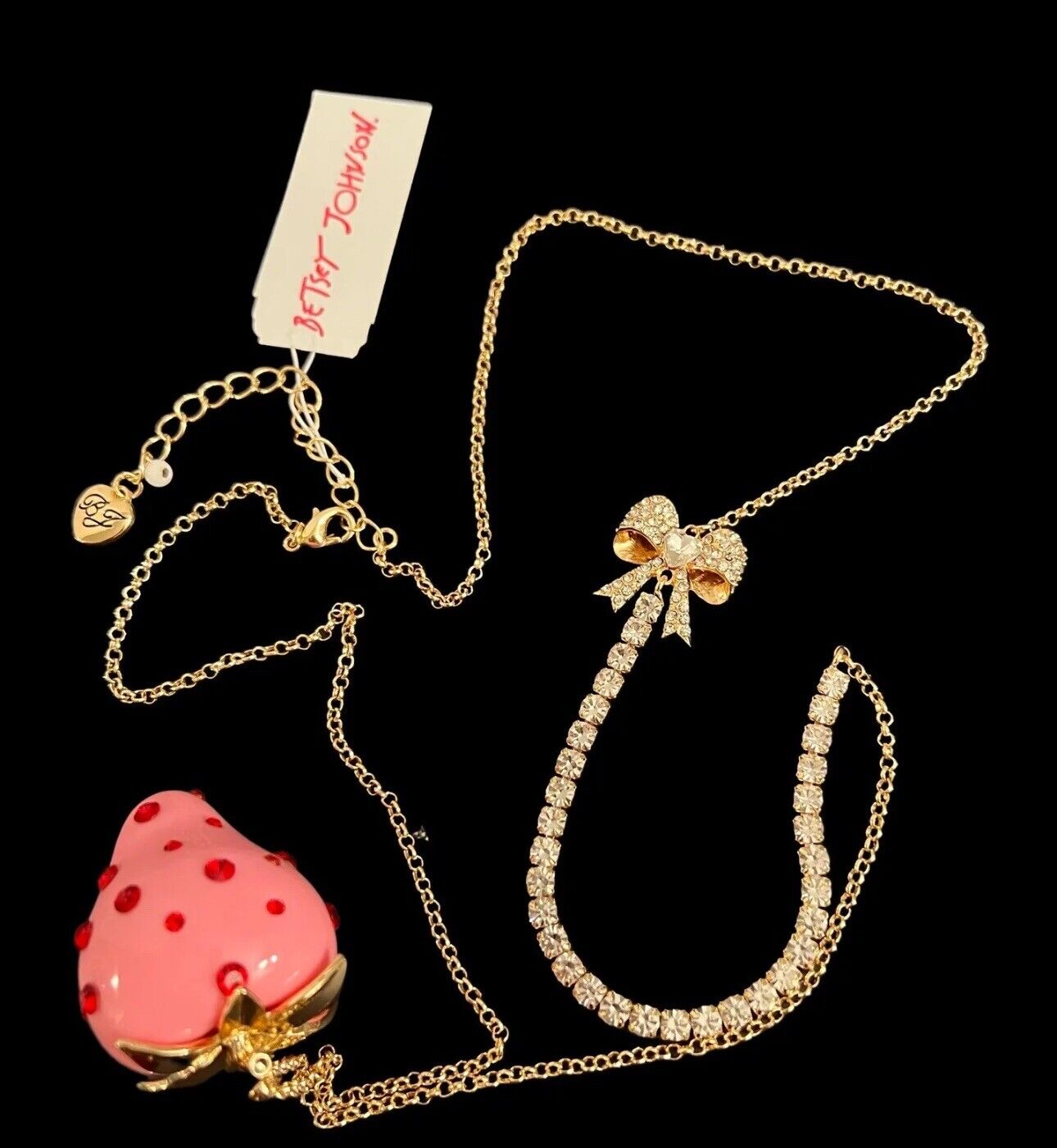 NWT Betsey Johnson Gold Plated Crystals Strawberry Long Necklace Pink Babycakes