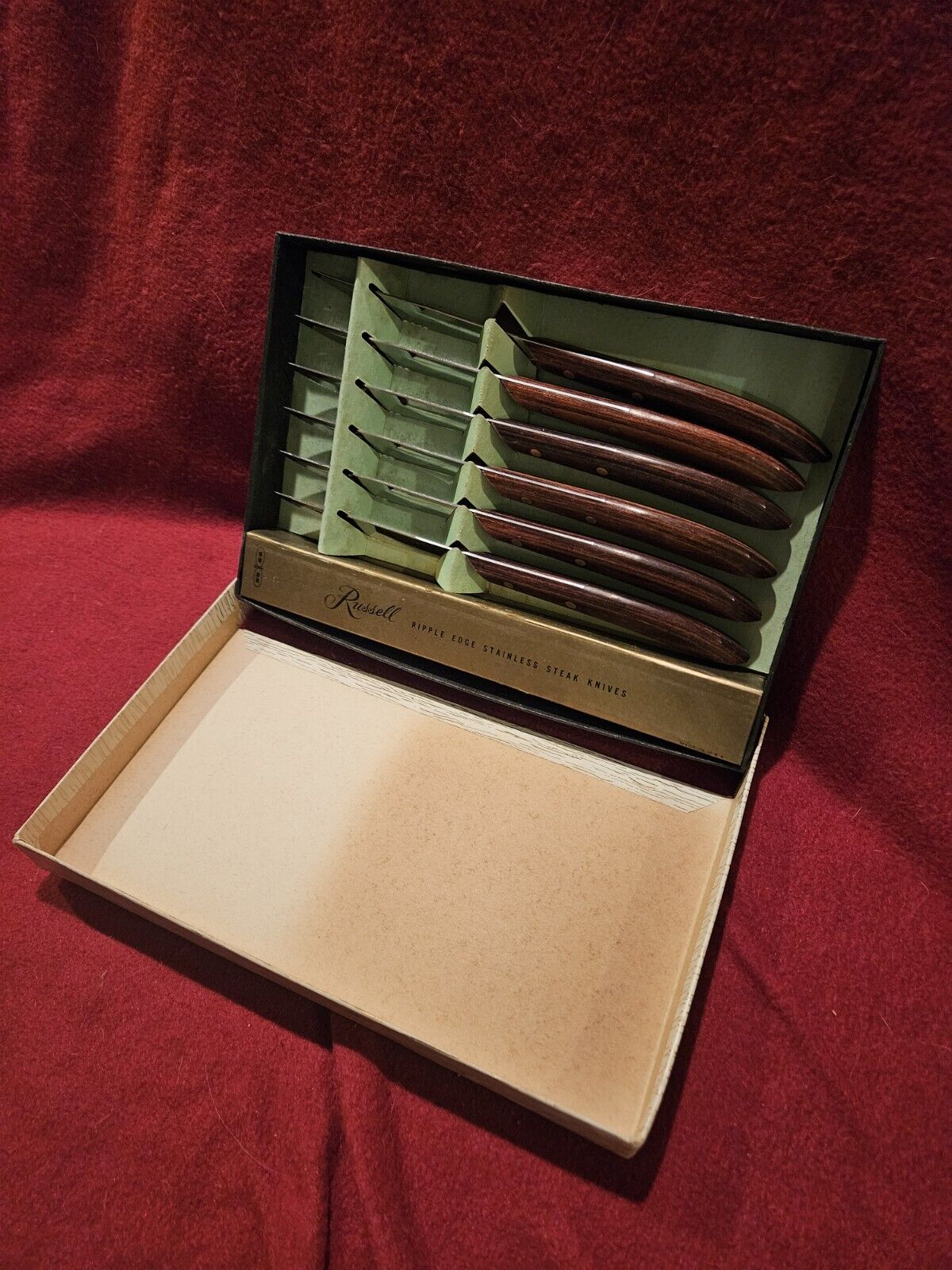 Set Of 6 Antique Russell Steak Knives Ripple Edge In Original Box