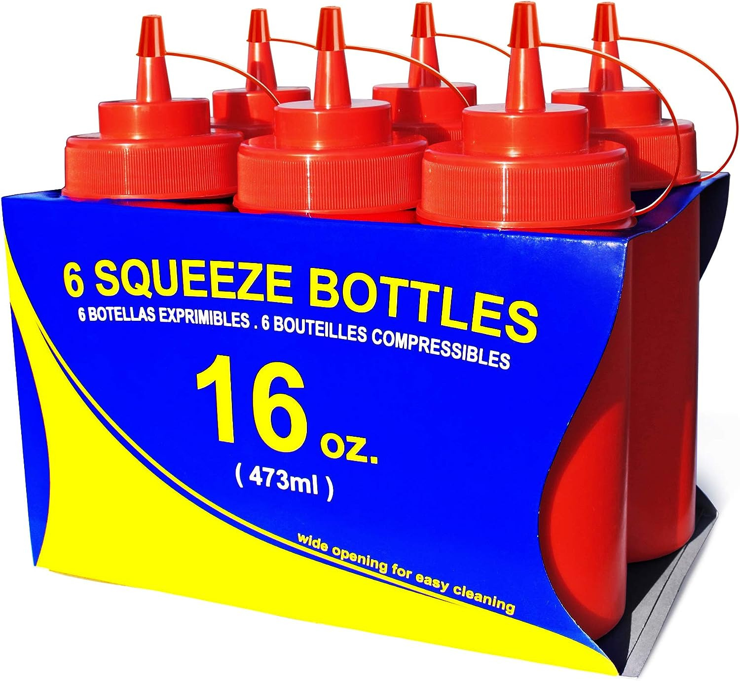 26344 Squeeze Bottles, Plastic, Wide Mouth, 16 Oz, Red, Pack of 6