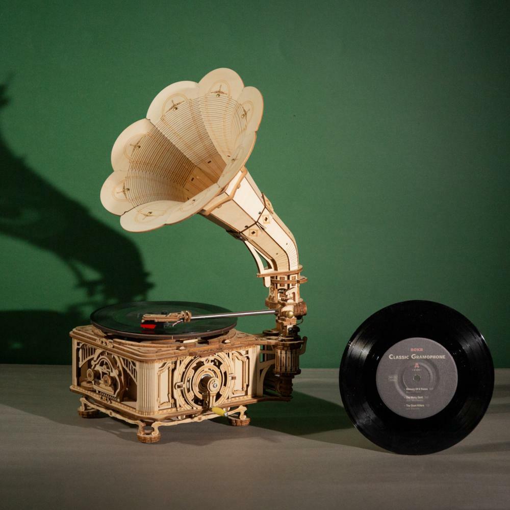 ROKR DIY Hand Rotating Crank Classic Gramophone 3D Wooden Puzzle LKB01 Xmas Gift