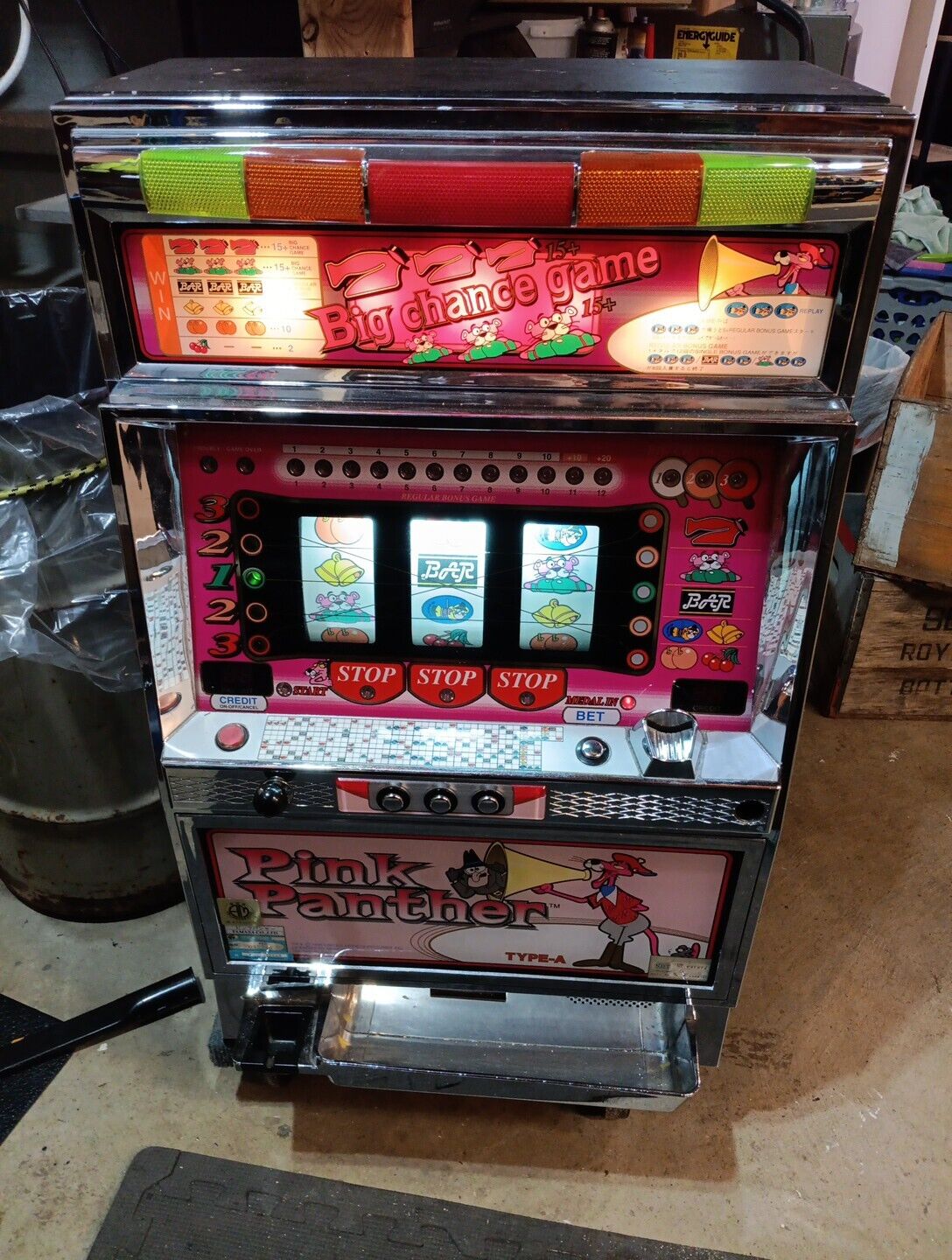 Vintage Pink Panther Slot Machine Pachislo Big Chance Game Yamasa Token&Cash