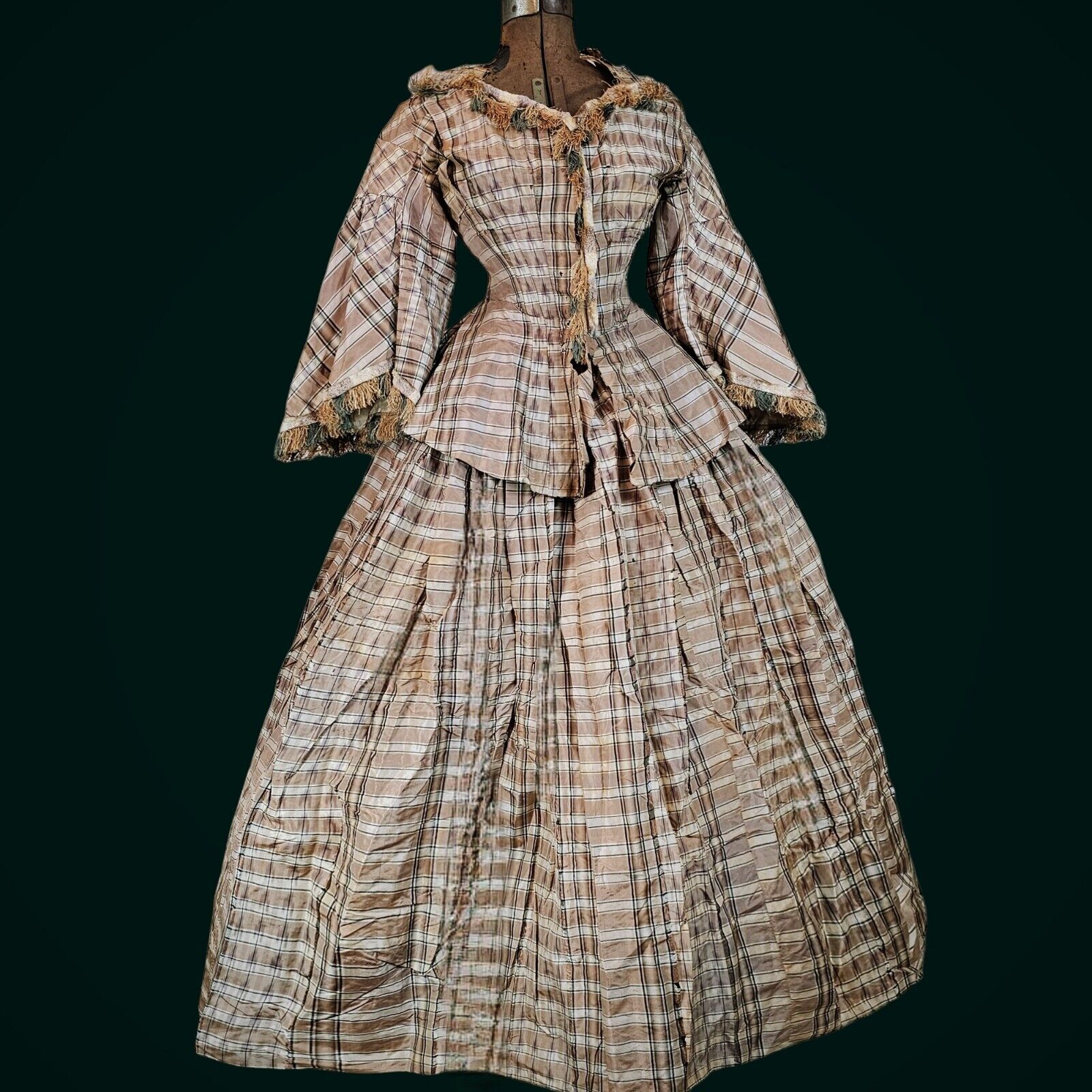 Antique 1850s Brown Plaid Tartan Dress Gown Victorian Civil War Fringe Era As is