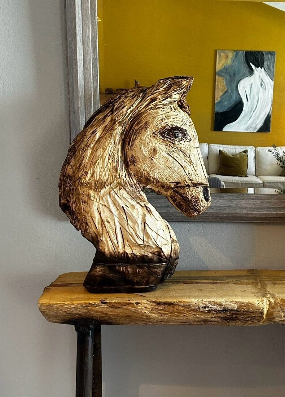 Hand Carved Wood Horse Head, Rustic Sculpture
