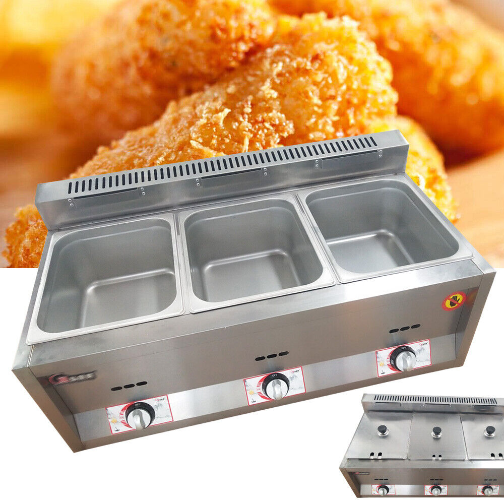 3-Pan Food Warmer Steam Buffet Counter-top Gas Fryer Steam Table Commercial 6L