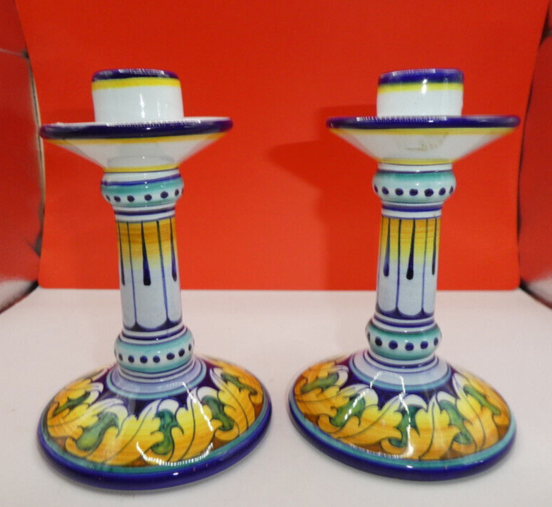 CERAMICA FIMA Deruta Italian Hand-Painted Floral Striped Candlesticks Set of 2