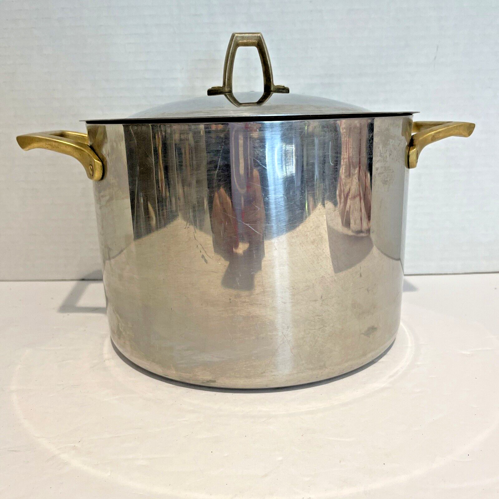 Paul Revere 1801 3 Quart Pot w Lid Copper Core Stainless 2 Brass Handles VTG