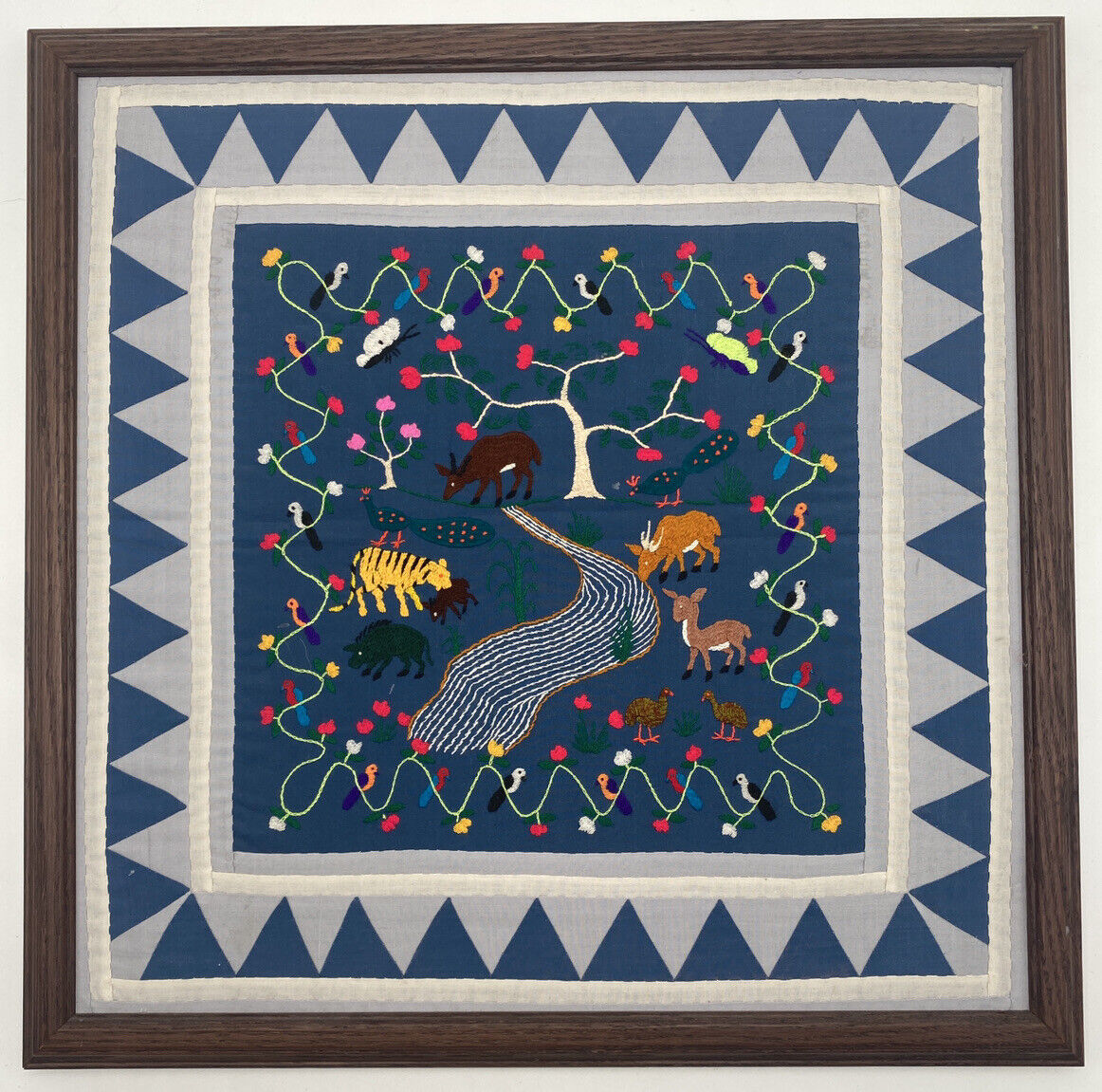 Hmong  Story Cloth Tapestry Embroidered Animals Nature Handstitched Framed Vtg