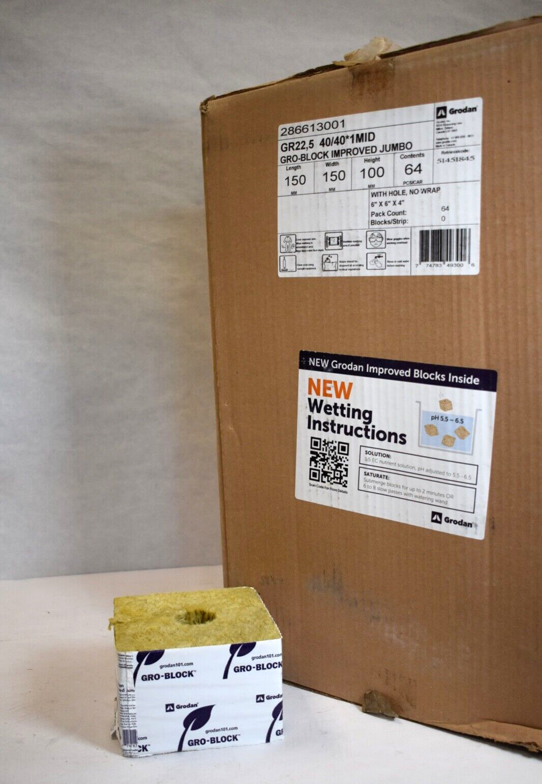 Grodan Gro-Block Improved GR22 Jumbo Case Box of 64 w Hole No Wrap 6\