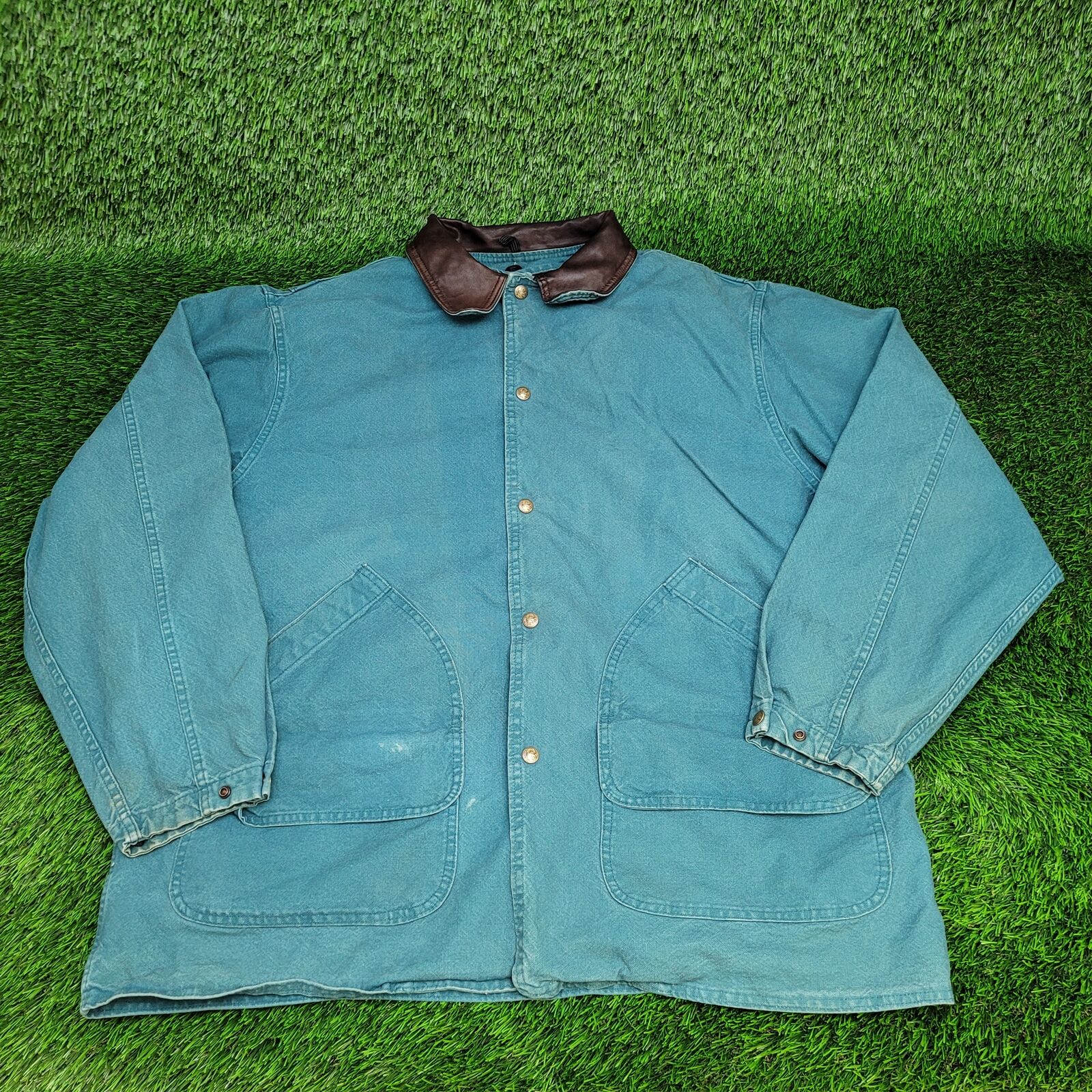 Vintage 80s Woolrich Denim Barn Coat Jacket XL Green Aztec Blanket Lined Faded