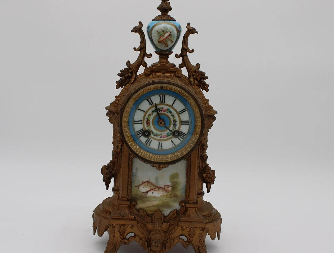 1800\'s French Louis XV Japy Freres Mantle Clock with Hand Painted Porcelain