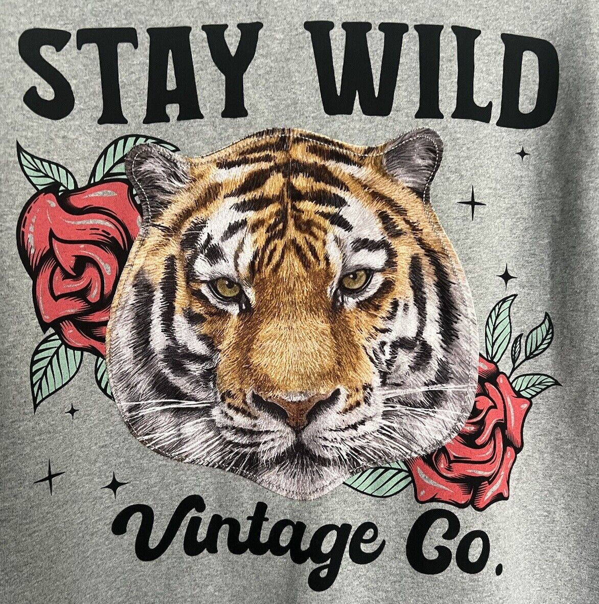Stay Wild Vintage Co Recycle Threads Men’s Crewneck GRAY Size M - NWT Tiger/Rose