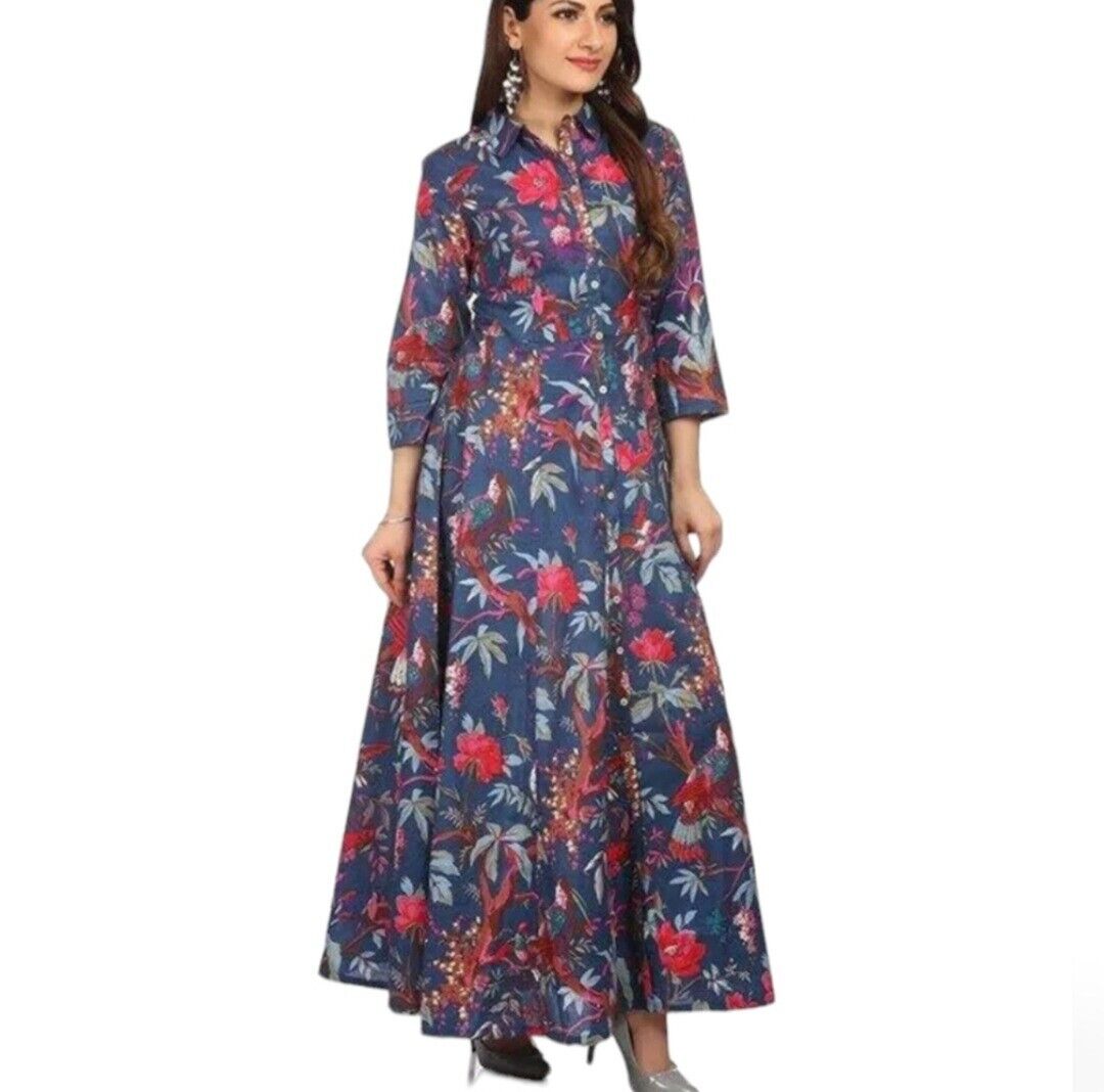 BIBA Women\'s Size 34 Blue Flared Floral Cotton Maxi Kurta Dress