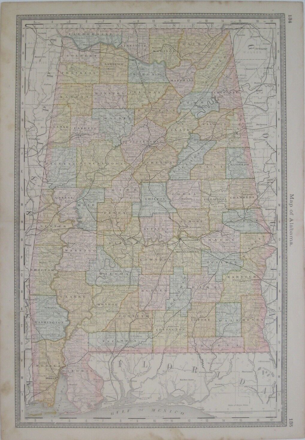 Original 1883 Antique Map ALABAMA Mobile Montgomery Birmingham Tuscaloosa Dothan