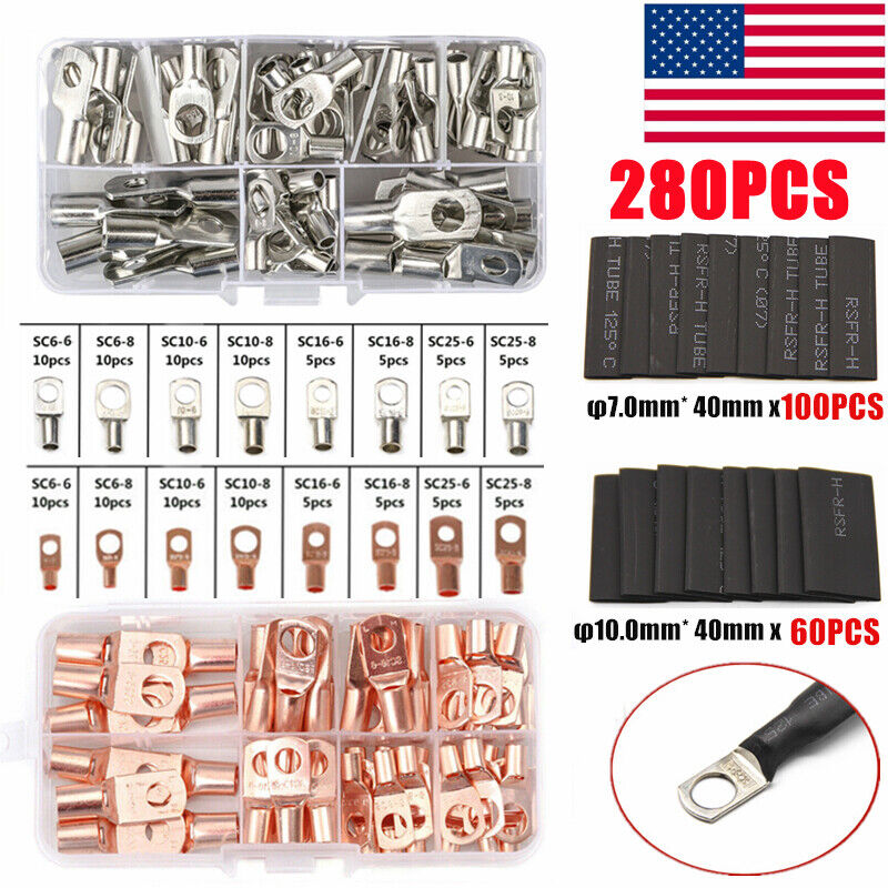 280PCS Car Copper Lug Ring Terminals Cable Electrical Wire Crimp Connectors Kit