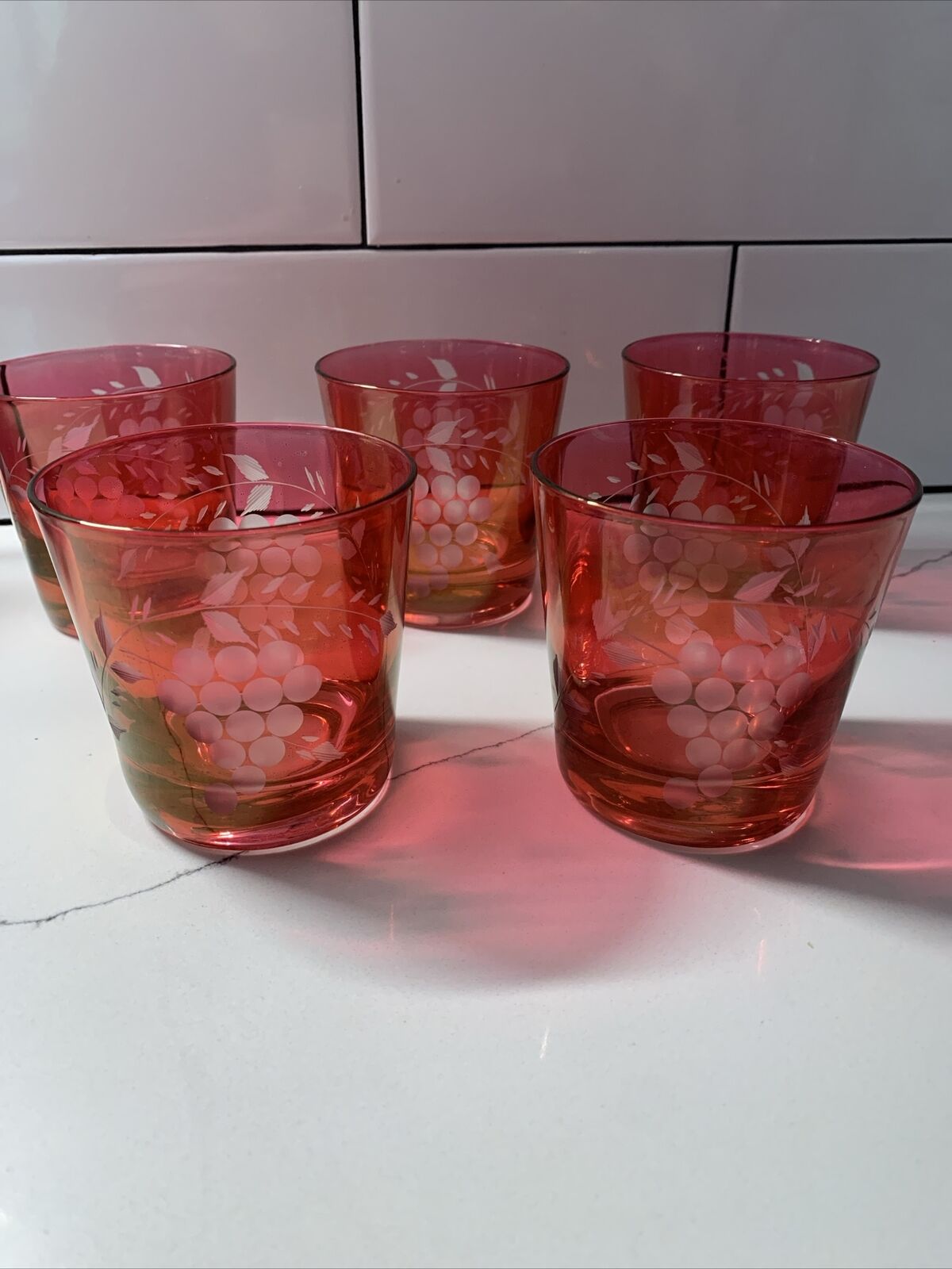 Vintage Cranberry Cut To Clear Etched Grape/Leaf  Flash Glass MCM Cocktail Set 5
