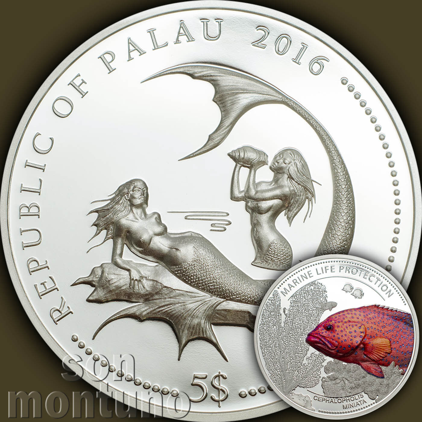 2016 Palau $5 - CORAL HIND FISH - Marine Life Protection SILVER Mermaid Coin