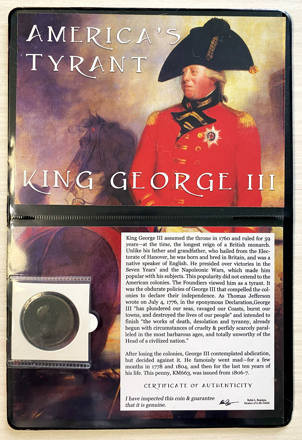 King George III: America’s Tyrant Penny 1806-7 COA & History & Holder & Album