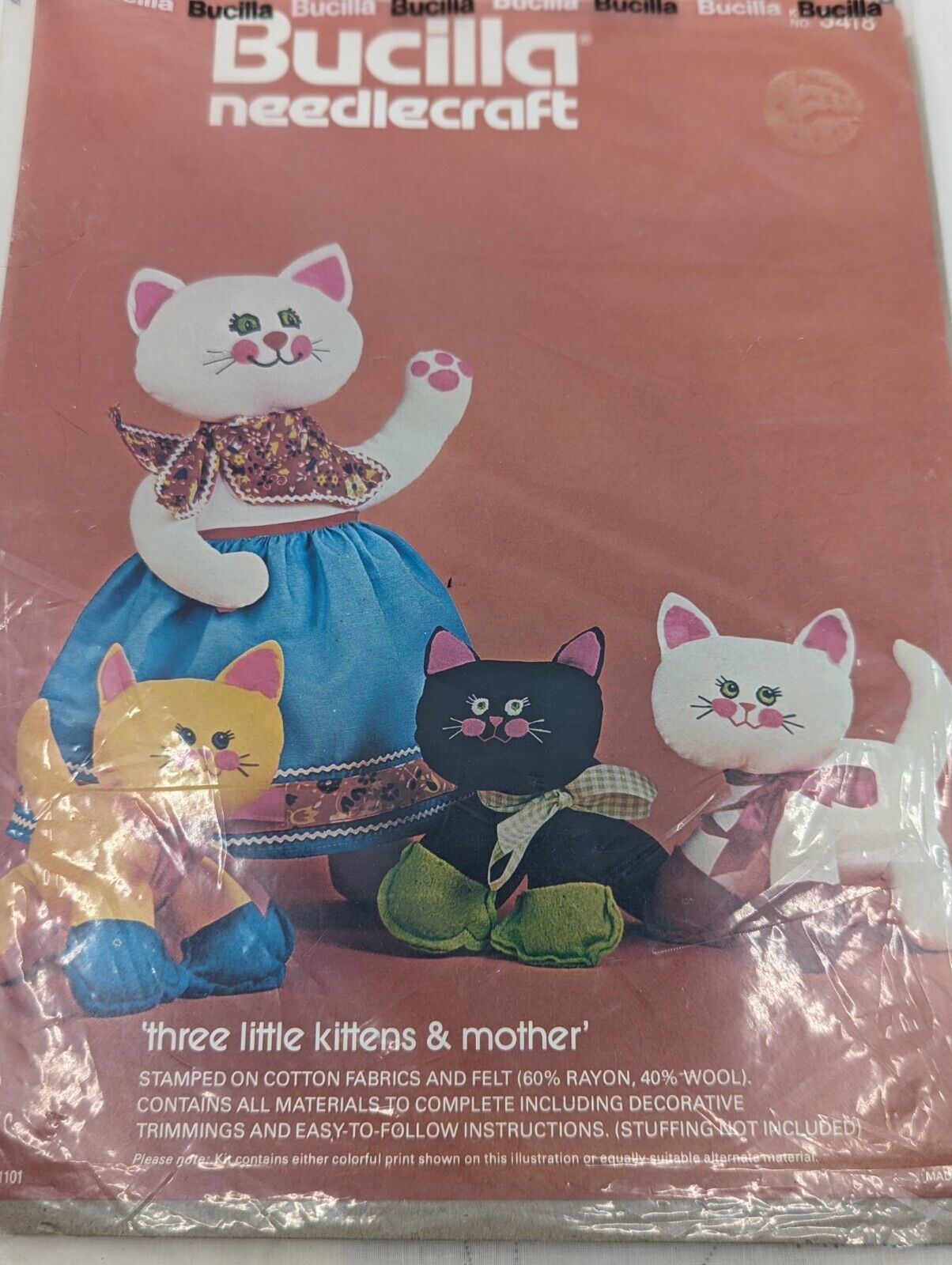 Vtg Bucilla Needlecraft Three Little Kittens & Mother 3418 Stamped Fabric Kit