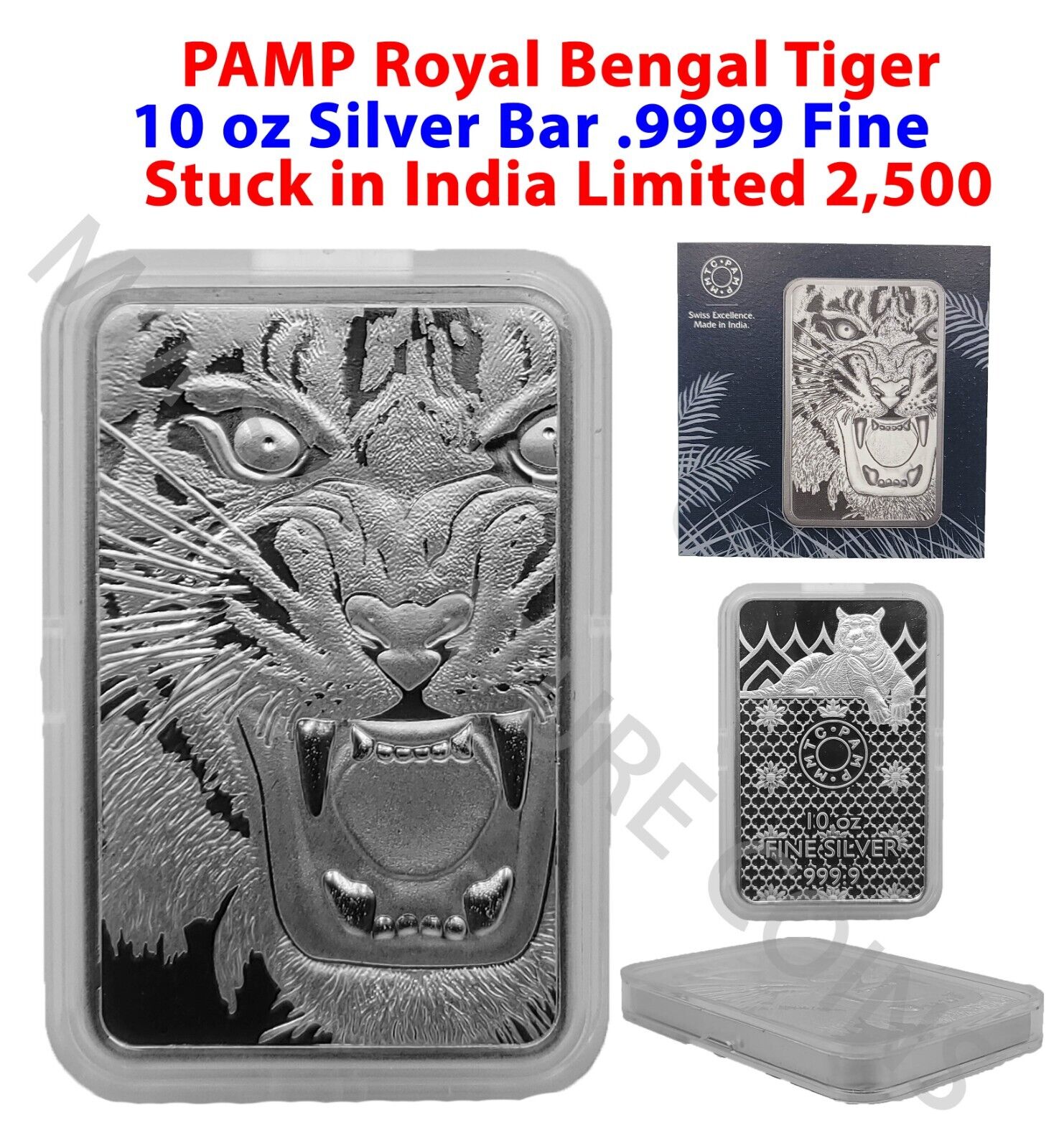 Royal Bengal Tiger 10 oz Silver Bar MMTC-PAMP Suisse 2500 mintage