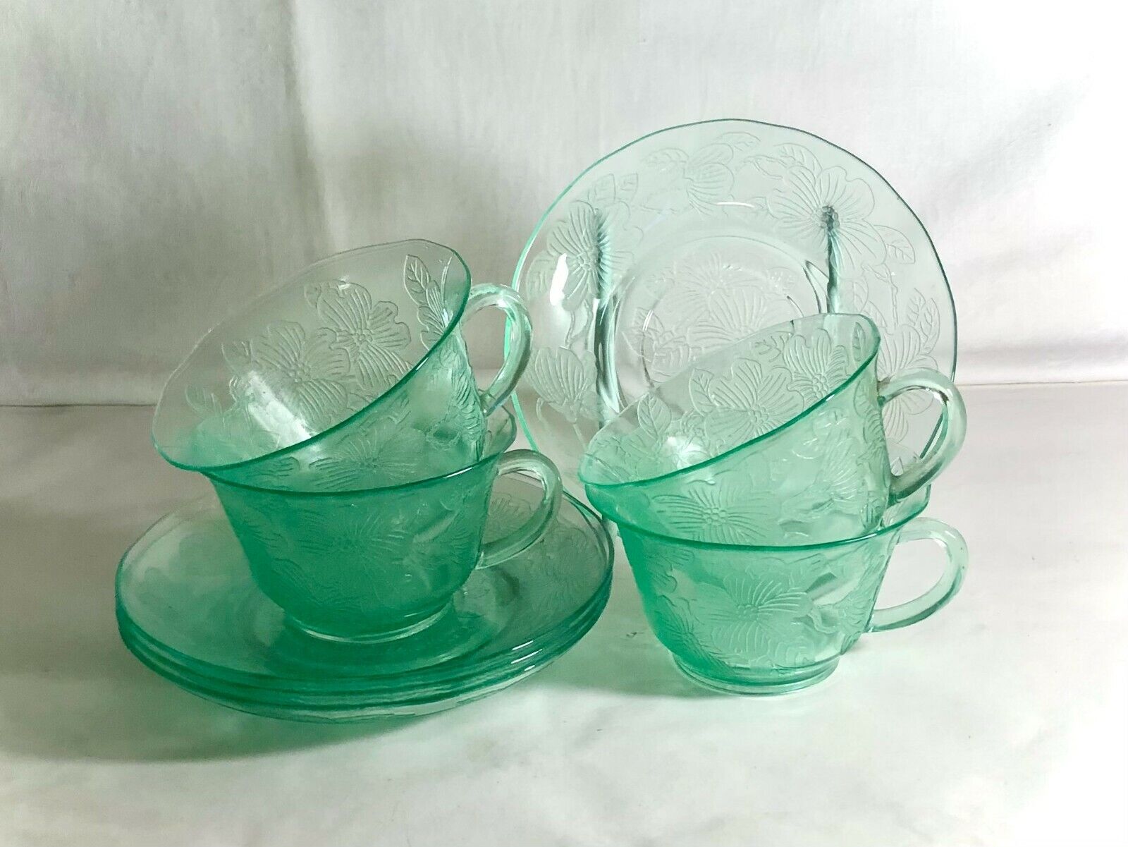 4 MacBeth Evans Green Dogwood Cups And Saucers