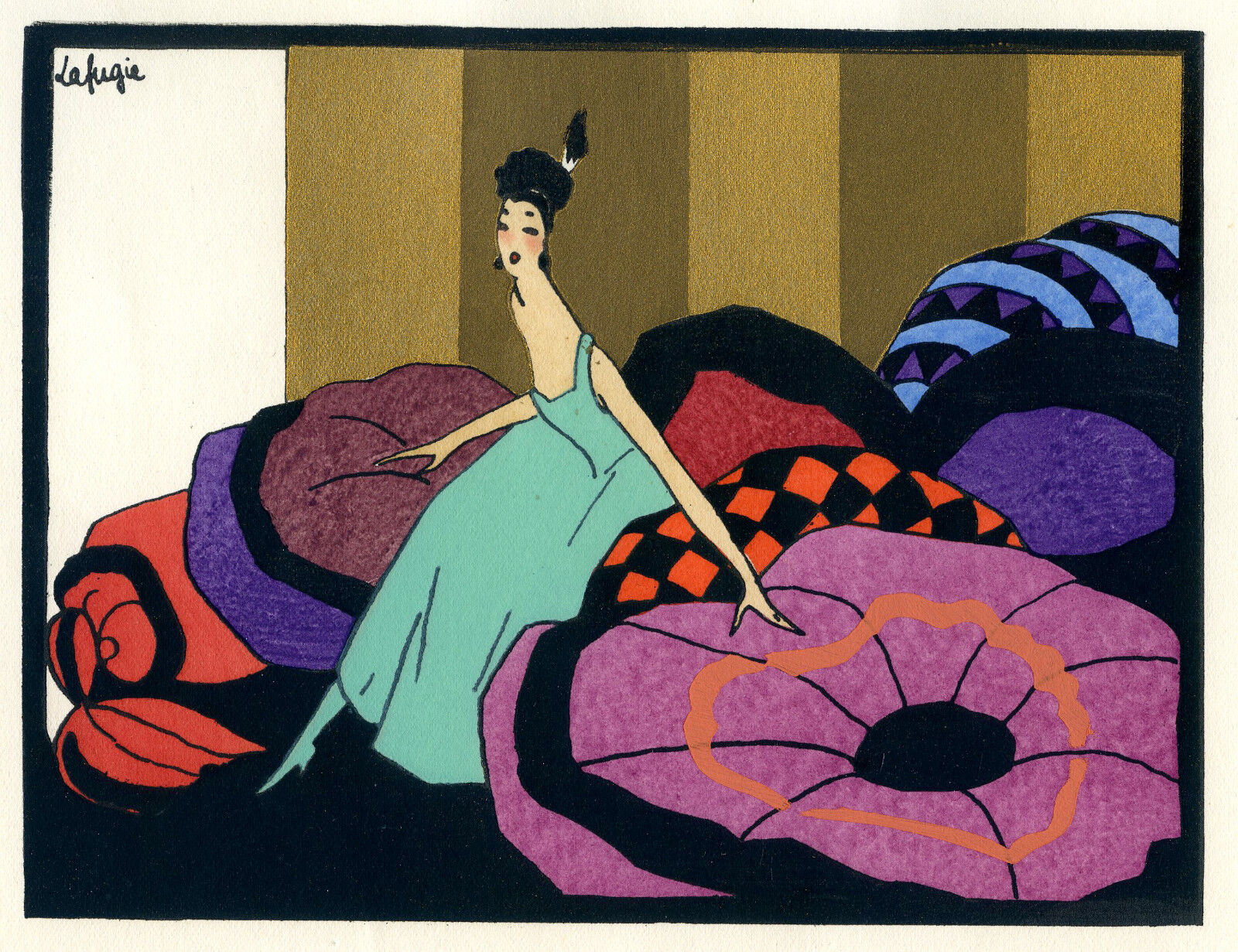 1930s French Pochoir Print Art Deco LAFUGIE Young Woman in Bedroom 