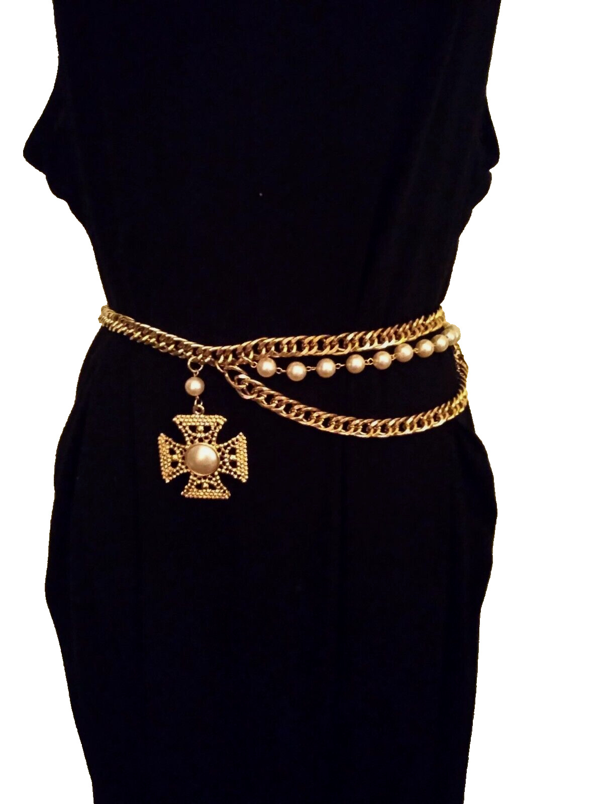 Vintage ACCESSOCRAFT Gold Faux Pearls Maltese Cross Multi Chain Link Belt 14 oz