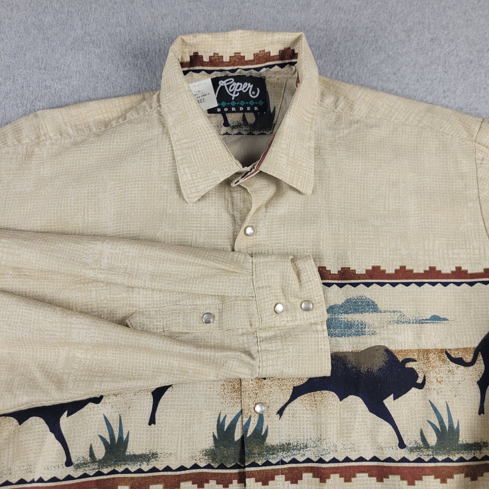 Vintage Roper Border Shirt Mens Large Tan Western Bulls Buffalo Print Pearl Snap