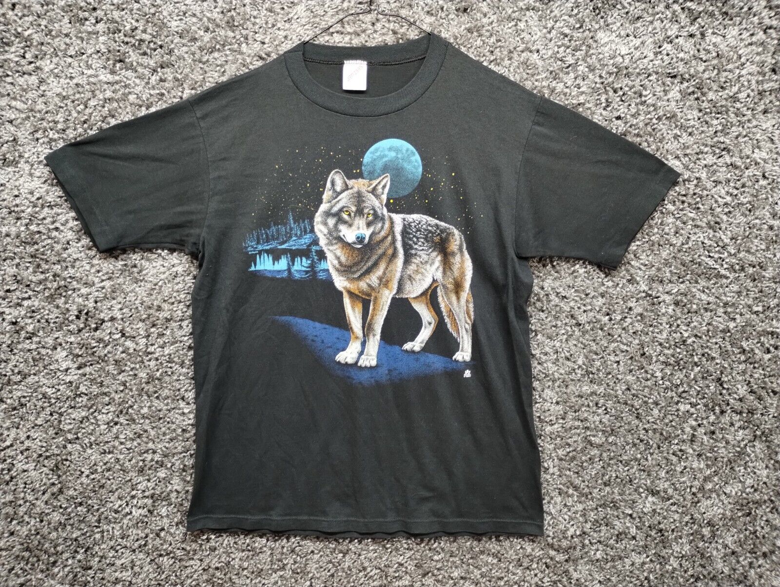 Vintage 80s Wolf Nature T Shirt Adult Large Black Single Stitch Tee Moon Graphic