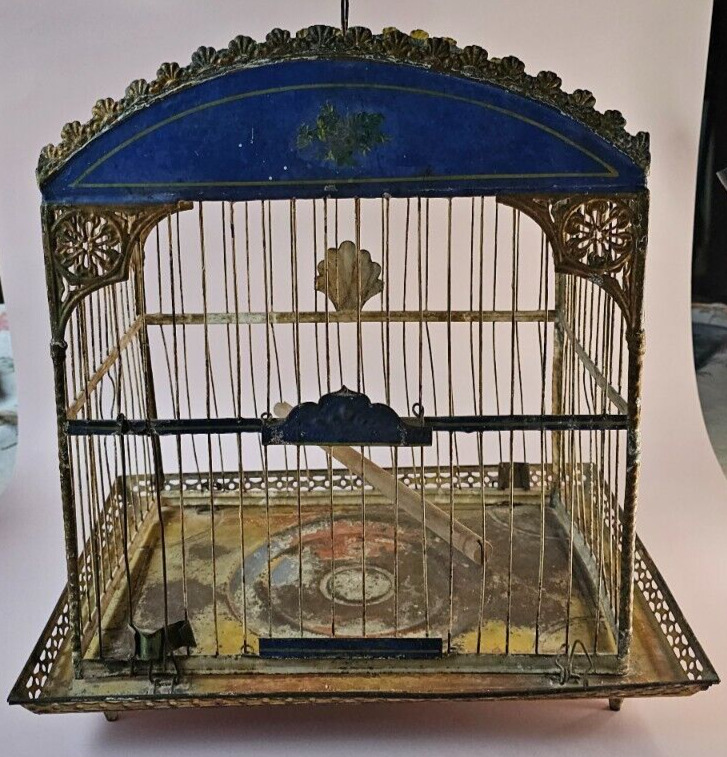 Antique Early  American Tin Painted Bird Cage 15x14\