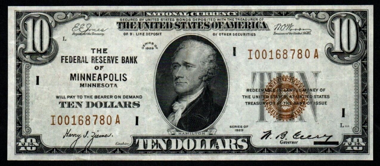 1929 $10 HIGH GRADE XF+/AU CRISP Minneapolis Federal Reserve Bank Note