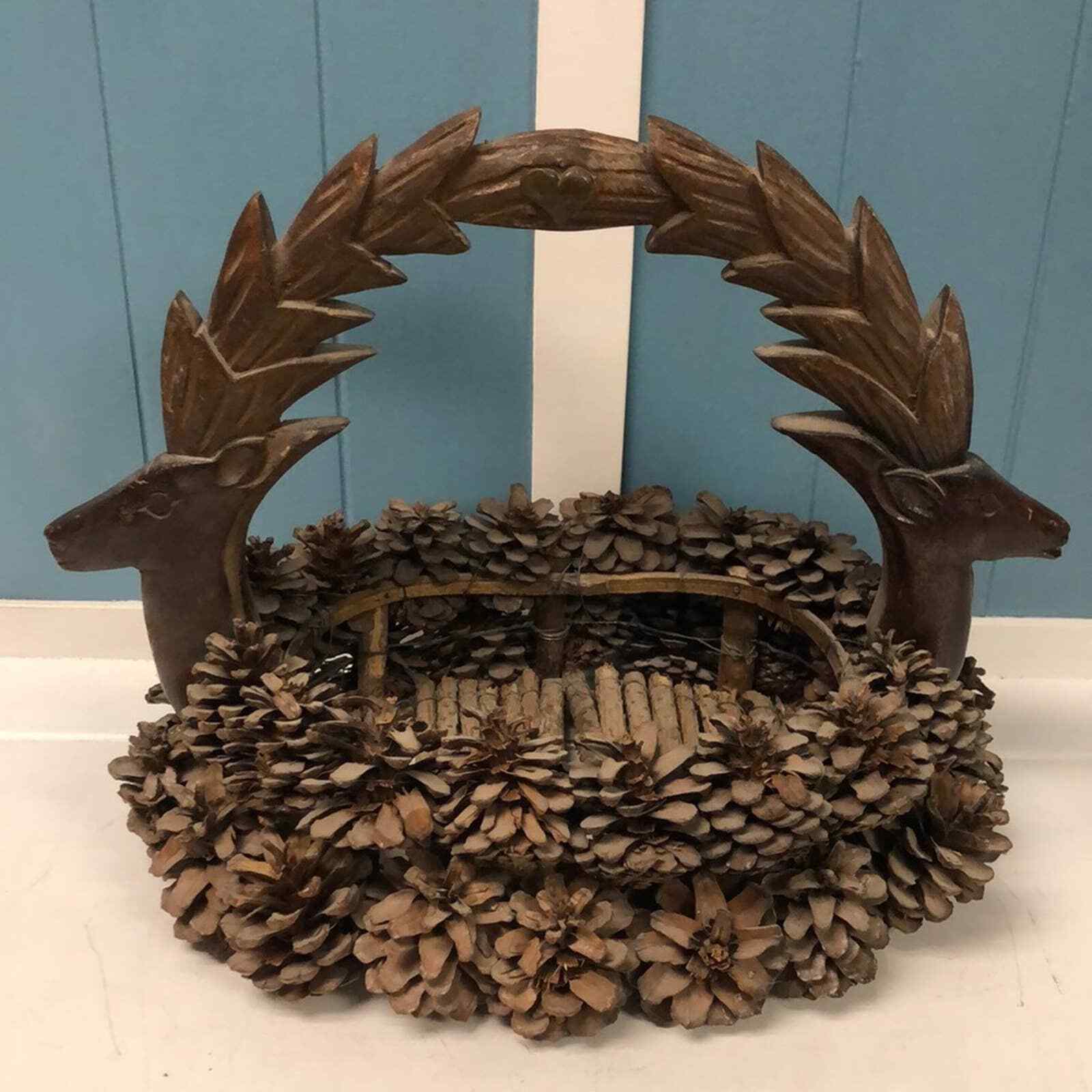 Vtg Handmade  Pine Cone & Twig Basket With Carved deer antler handle 14” x 10”