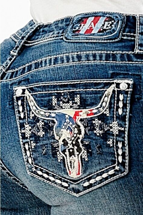 Grace in LA Women\'s Western USA Americano Steerhead Embroidered Bootcut Jeans