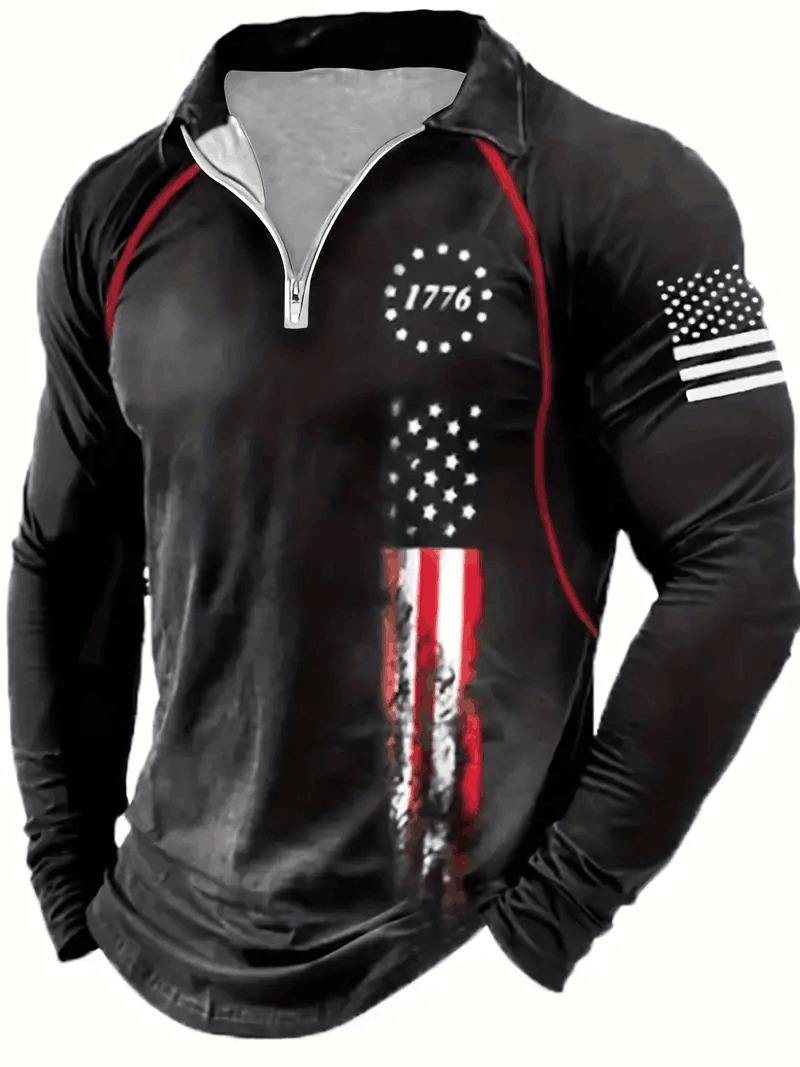 Polo T Shirts Distressed American Flag Patriotic 1776 Long Sleeve Zipper Vintage