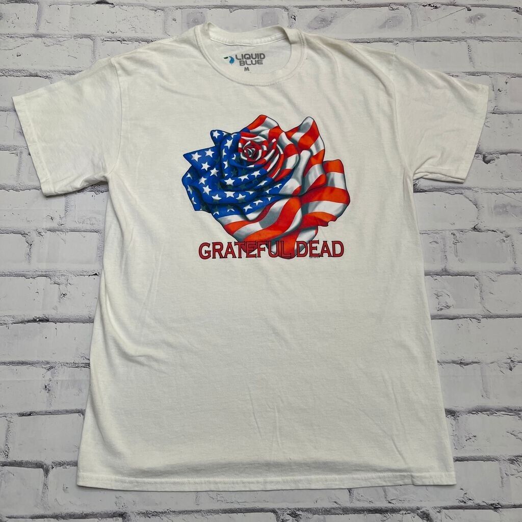 Liquid Blue Shirt Medium White Vintage 2001 Grateful Dead Rose American Flag