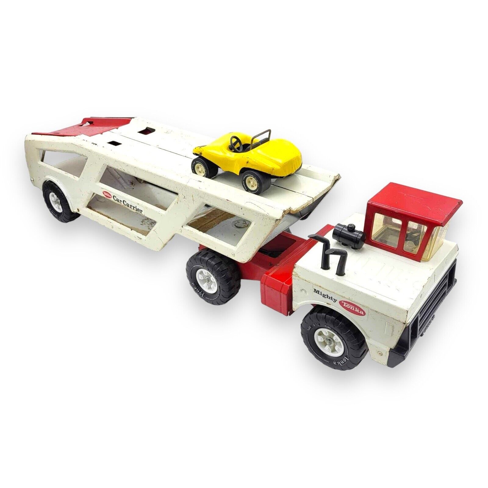 Vintage 1970\'s Mighty Tonka Car Carrier Hauler with Ramp White Red & Dune Buggie