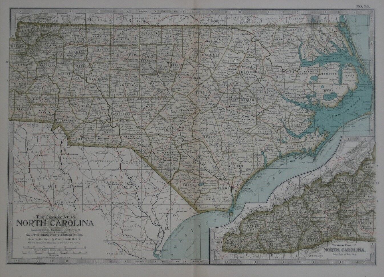 Original 1897 Map NORTH CAROLINA Asheville Charlotte Raleigh Cape Hatteras Boone