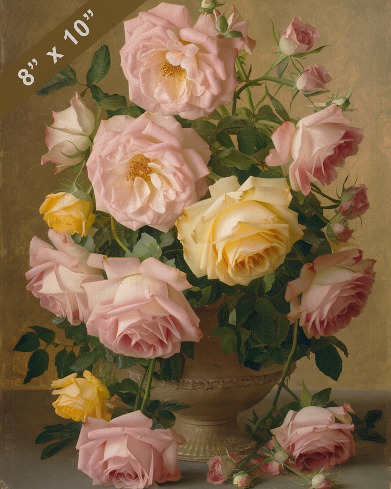 Vintage Pink and Yellow Roses Painting 8x10 Print