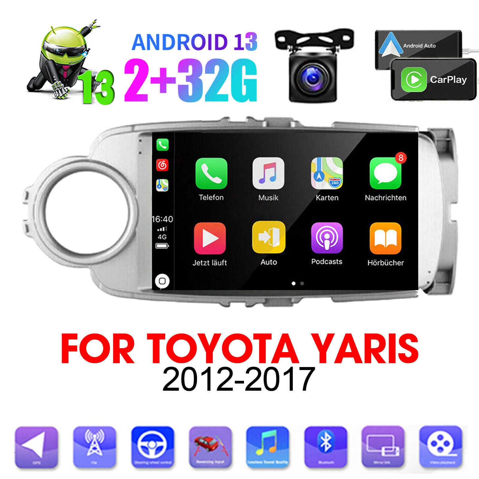 9\'\'Android 13 Apple Carplay GPS Navi Car Stereo Radio For 2012-2017 Toyota Yaris