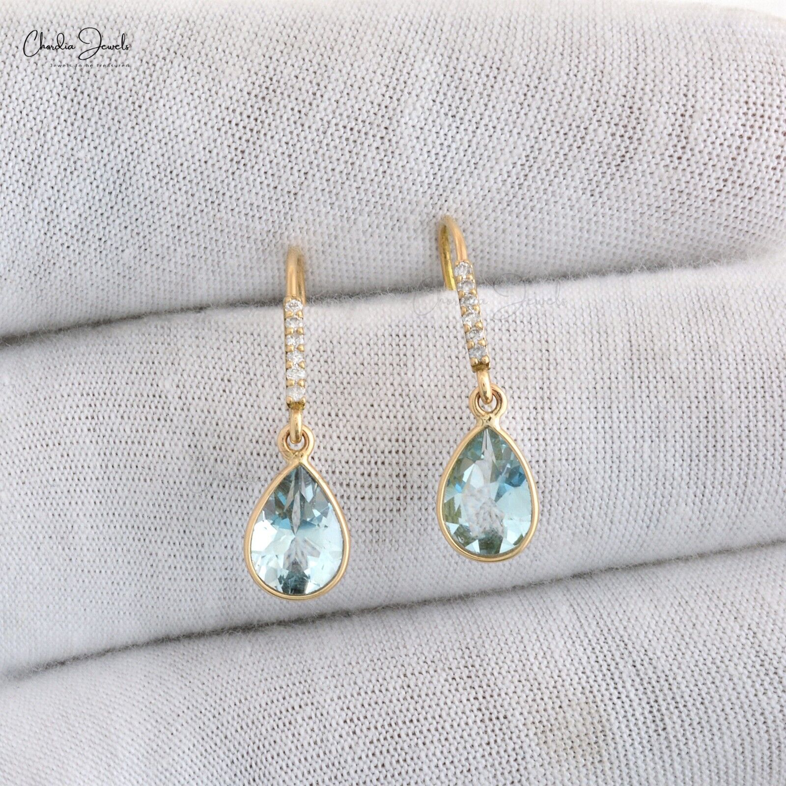 Aquamarine Dangle Earrings 14k Yellow Gold Diamond Earring Pear Gemstone Jewelry