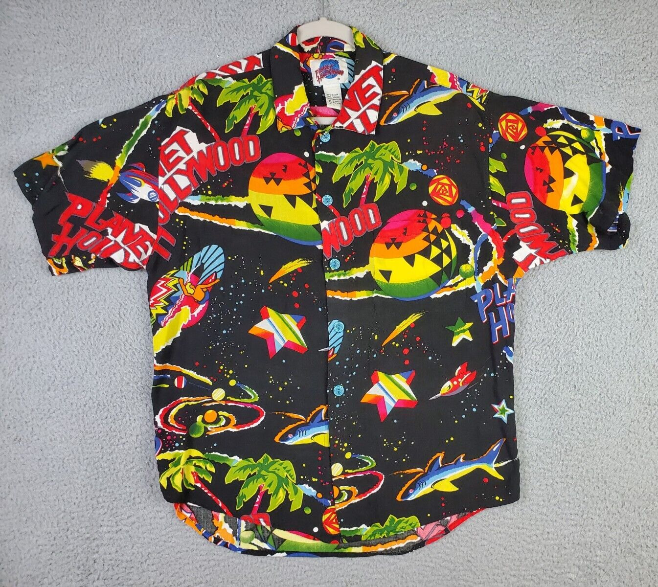 Planet Hollywood Vintage 90s Rayon Hawaiian Shirt All-Over Space Print Men\'s M