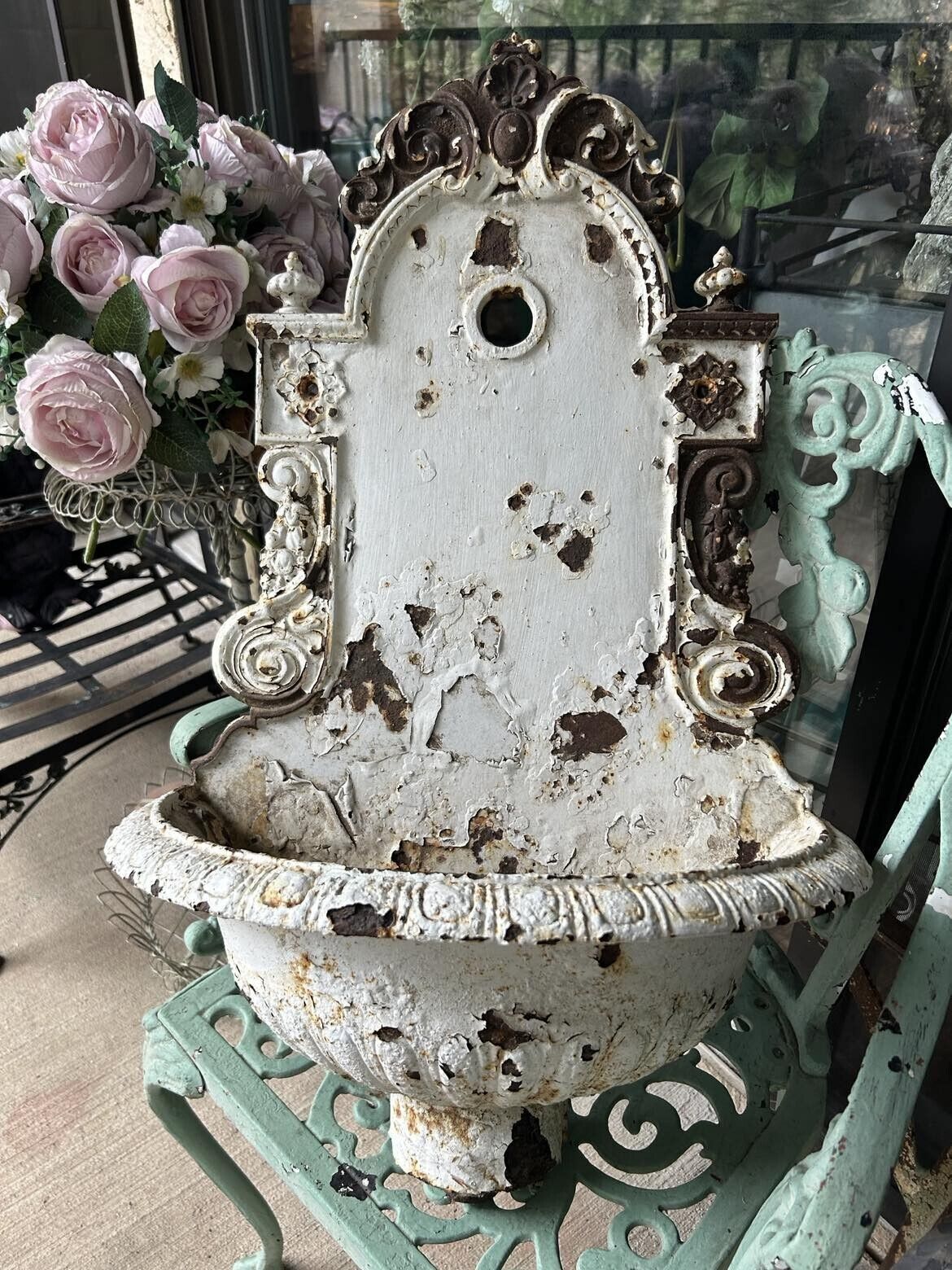 Antique French Cast Iron Wall Fountain Garden Sink Shabby Cottage 