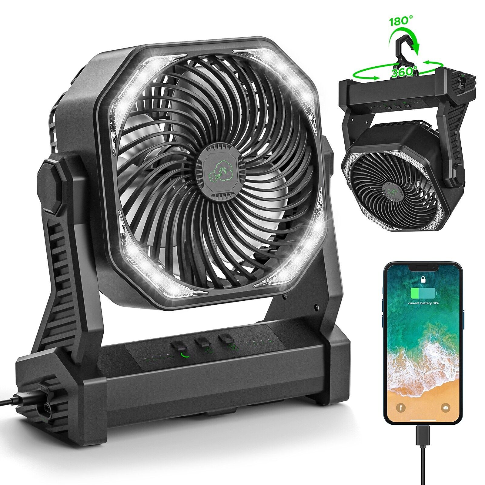 20000mAh Battery Powered Portable Fan, Camping Tent Fan with USB Charging Ports