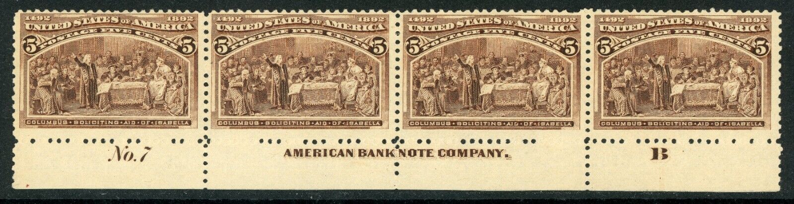 USA 1893 Columbian 5¢ Columbus Plate # Strip of 4 Scott # 234 Mint D81
