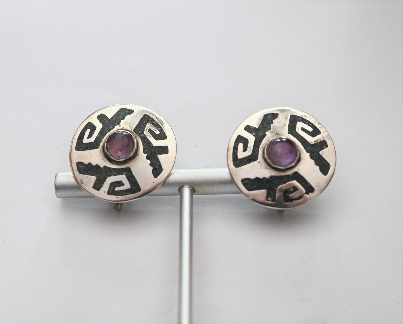 Signed A. Garcia Taxco Mexico Sterling & Amethyst Disc Earrings circa 1960\'s