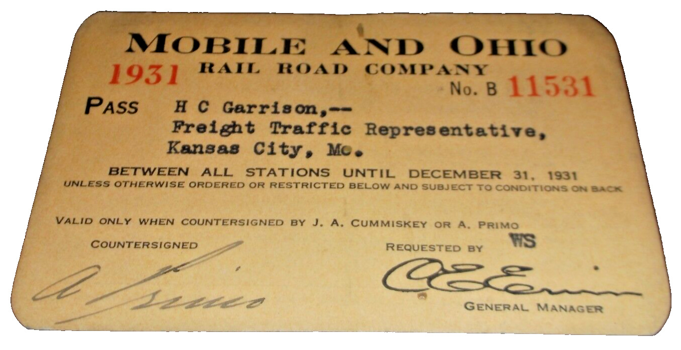 1931 MOBILE AND OHIO RAIL ROAD EMPLOYEE PASS #11531