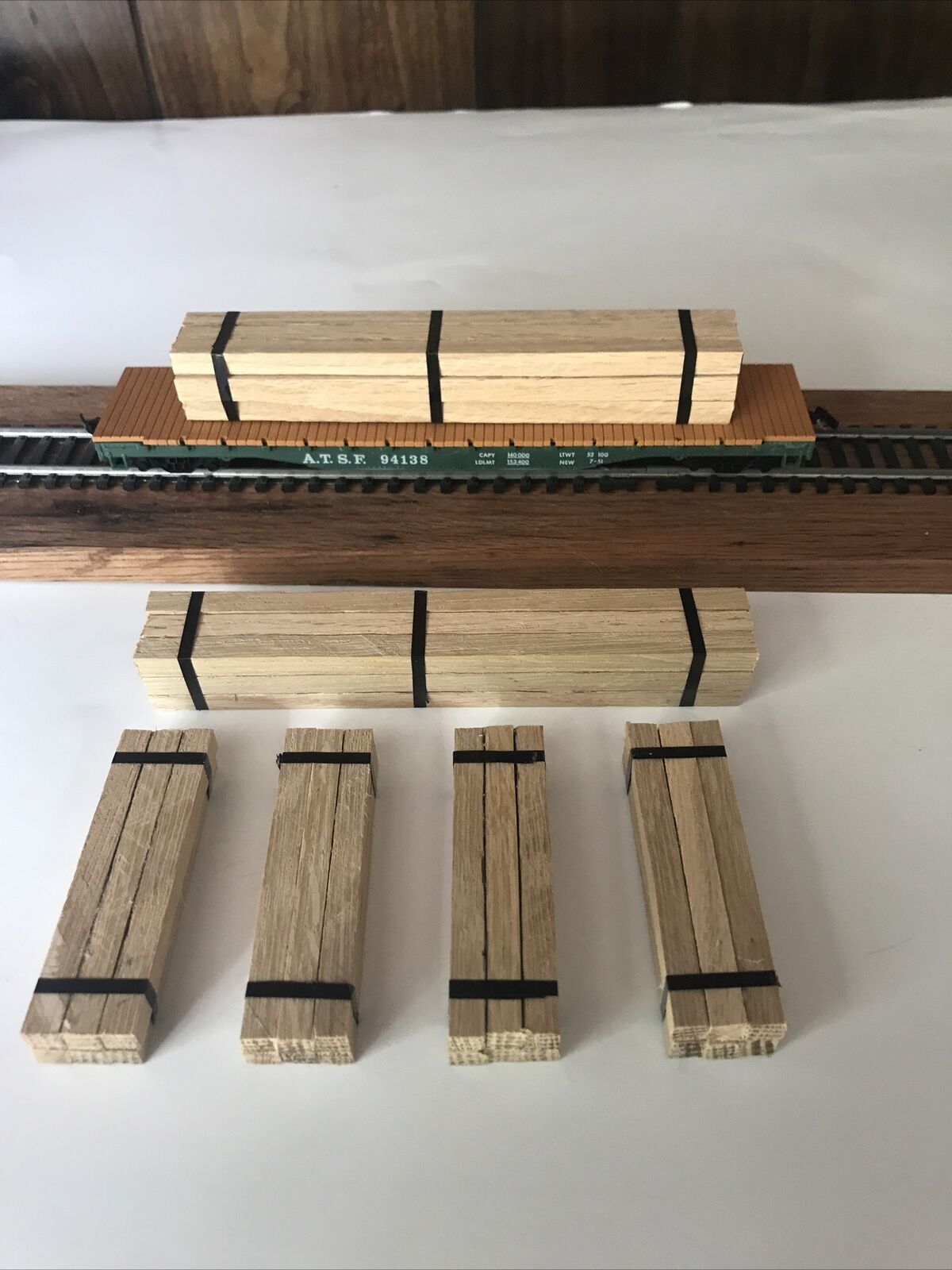 HO Scale Flatcar Lumber Load Real Oak wood handmade. 6-pack