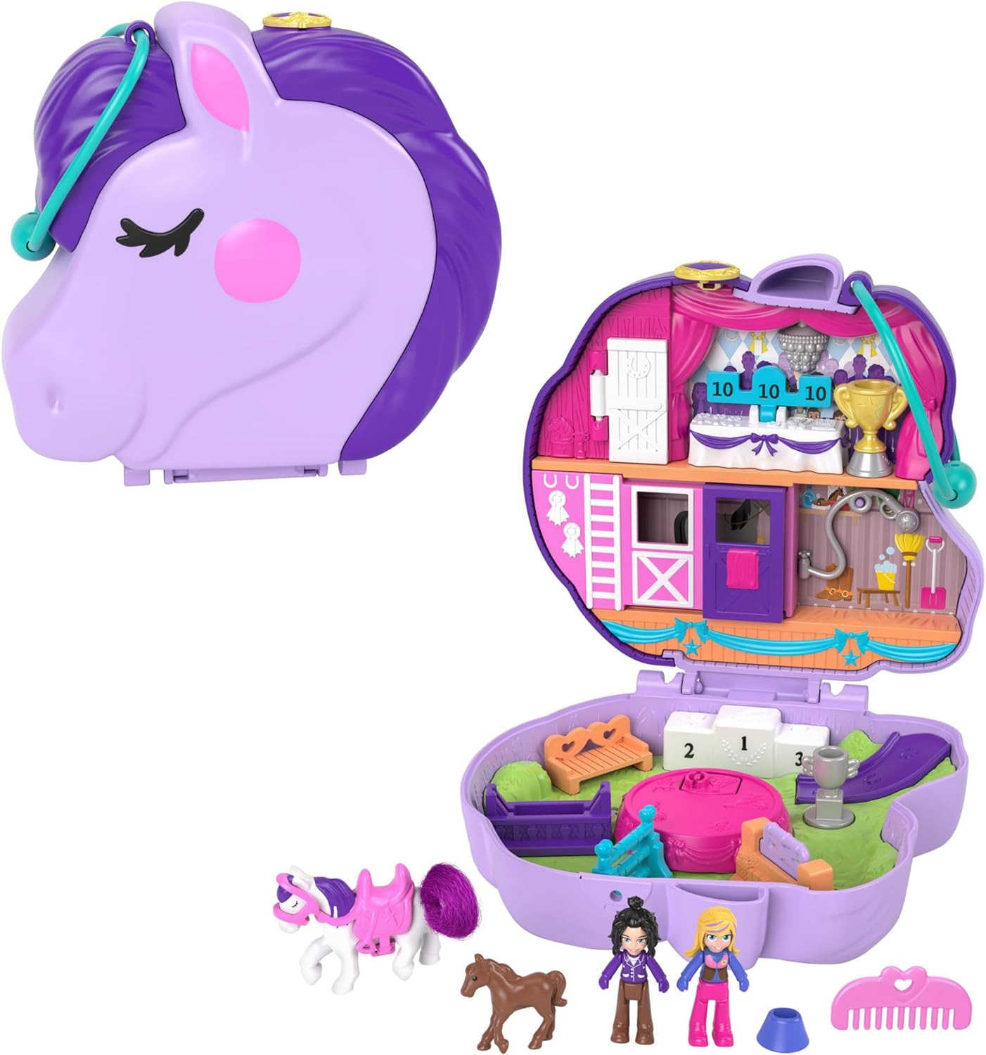 Polly Pocket Compact Playset, Jumpin\' Style Pony with 2 Micro Dolls Accessories