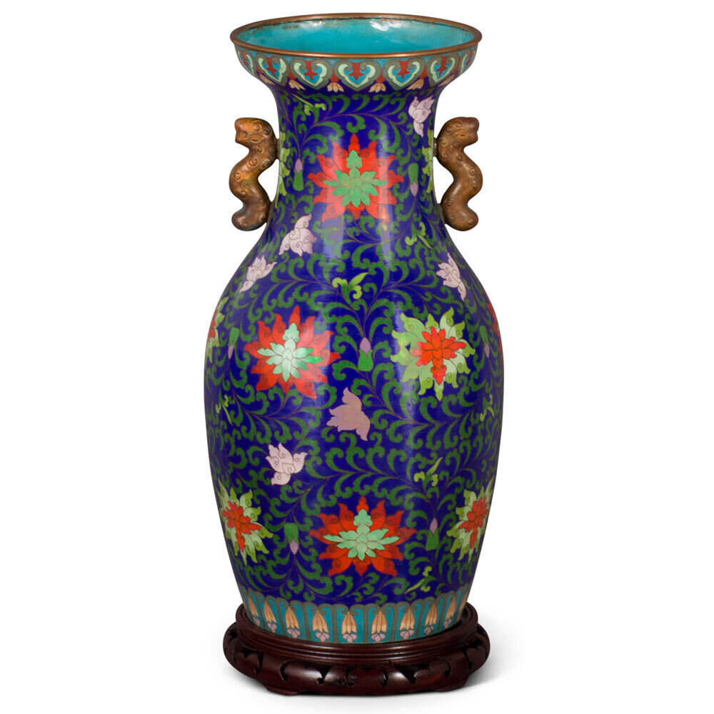 US Seller - Vintage Royal Blue Floral Motif Chinese Cloisonne Vase